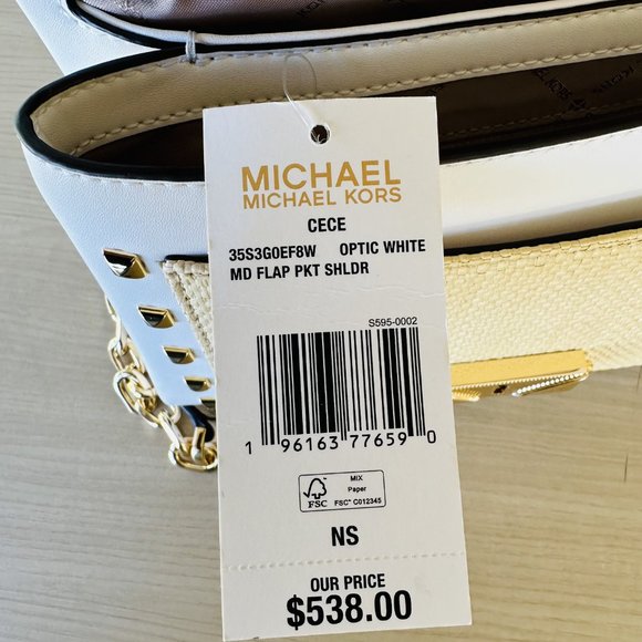 Michael Kors Cece MD Studded Flap Pocket Leather Shoulder & Wallet OPTIC White - Picture 8 of 14